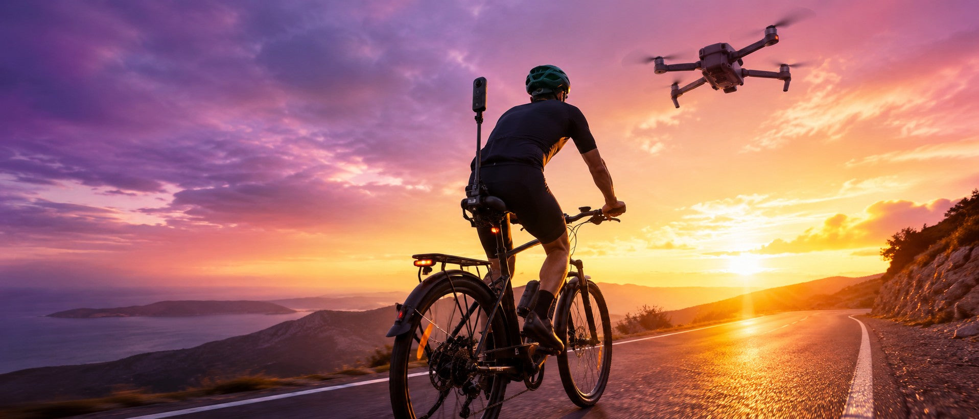 Cycliste en silhouette au sommet d'une colline au coucher du soleil, caméra 360 sur le vélo et drone dans le ciel